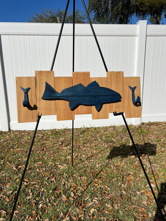 Indigo Blue colored Red Fish pallet sign with 2 flippin fish coat hooks. 10-1/4"H x 26-1/8"W x 2-1/2"D