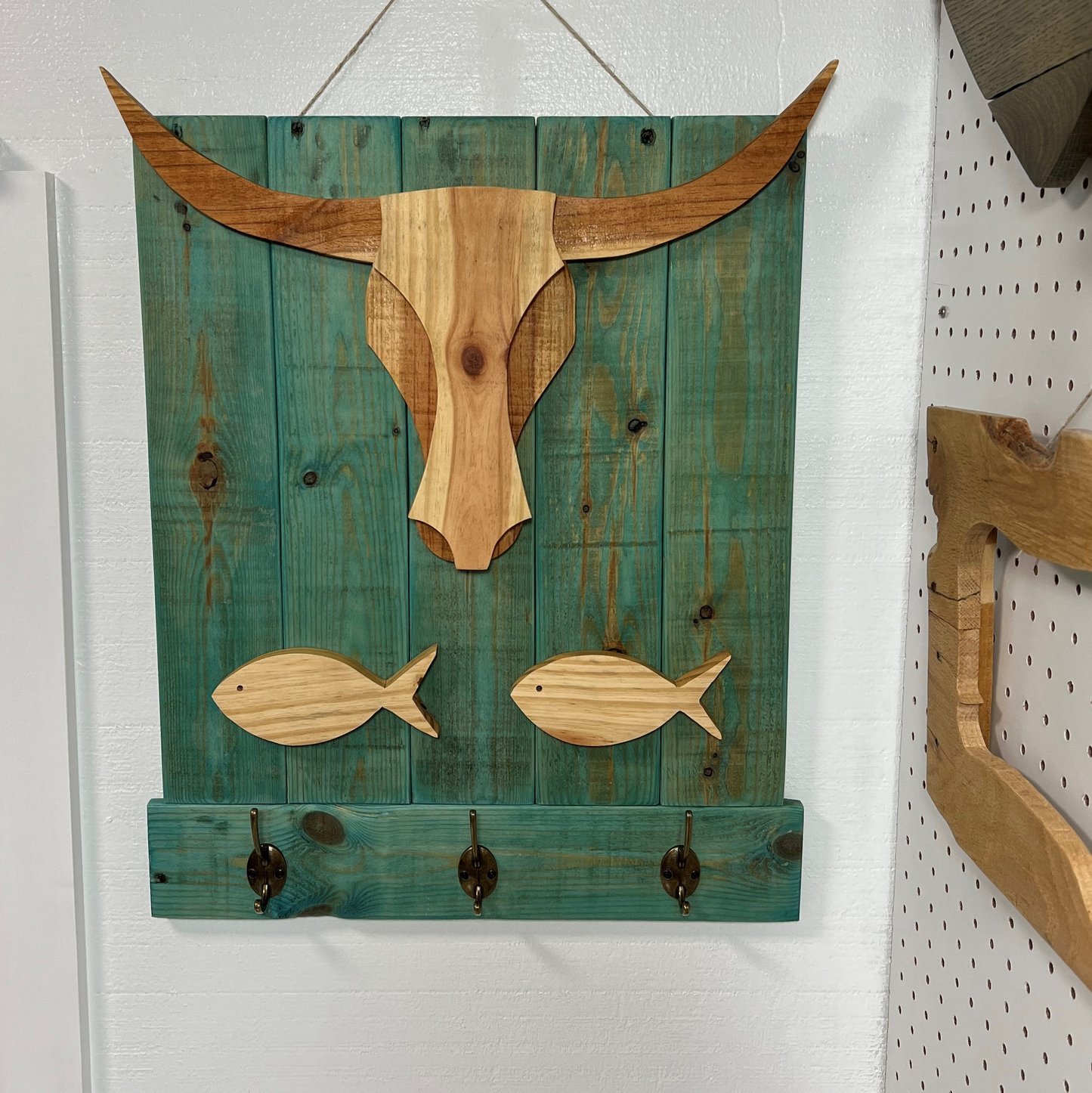 Wooden Bull's Head and Fish Pallet Sign with Coat Hangers