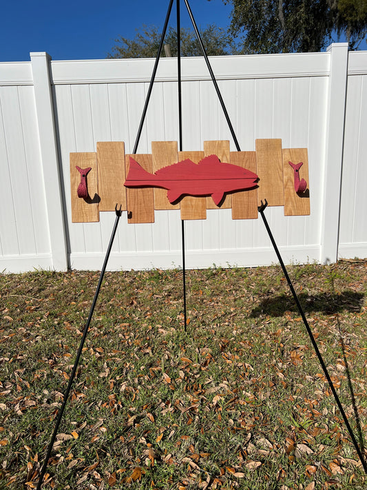 Coral colored Red Fish pallet sign with 2 fish coat hooks - 9-7/8"H x 29-3/8"W x 2-1/2"D.