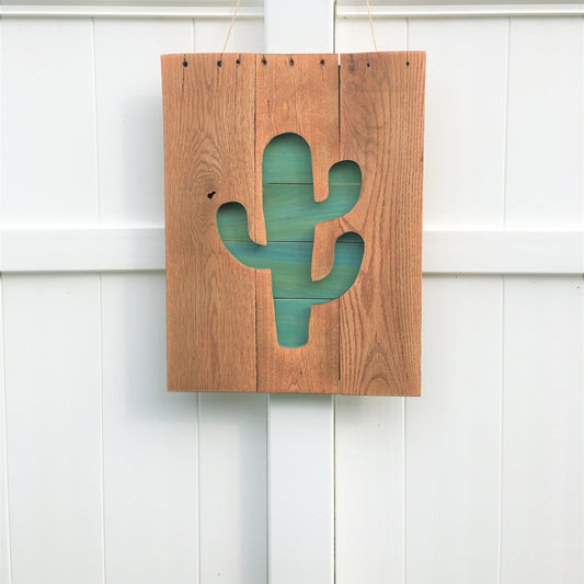 Wooden Cactus relief Aqua: 19-1/2"H x 14-7/8"W