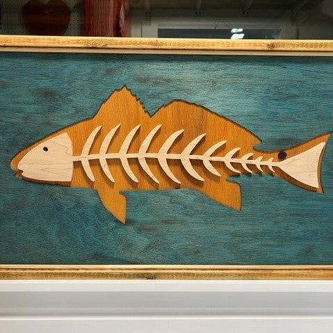 Framed Pallet Wood RedFish Art with Pallet Wood Fish Skeleton: 18-1/16"H x 34-1/2"W