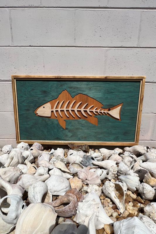 Framed Pallet Wood RedFish Art with Pallet Wood Fish Skeleton: 18-1/16"H x 34-1/2"W
