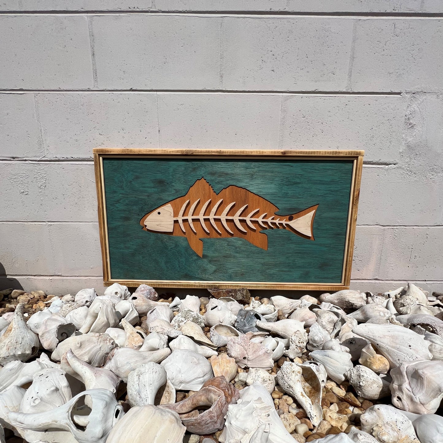 Framed Pallet Wood RedFish Art with Pallet Wood Fish Skeleton: 18-1/16"H x 34-1/2"W