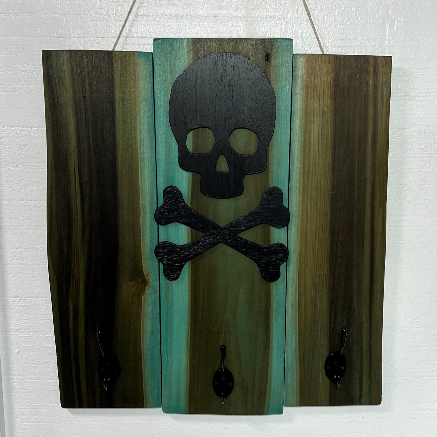 Black Skull and Crossbones Aqua Pallet Sign with Coat Hooks