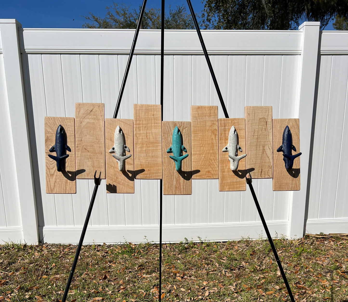 Navy, white and aqua coat hangers (5) on Pallet Sign.  10-1/4"H x 29-3/8"W x 2-3/8"D