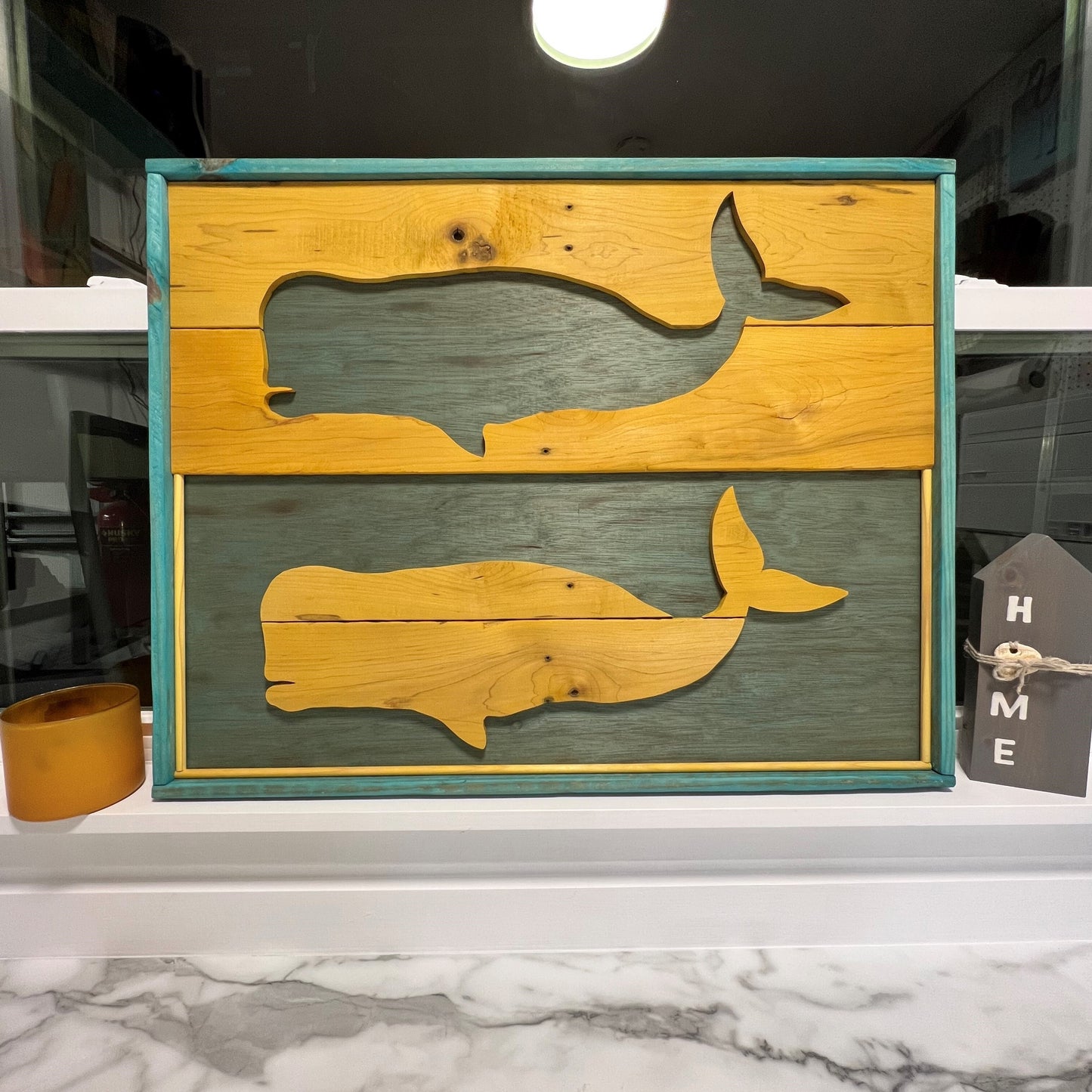 Pallet Whale Sign Yellow and Aqua:  22-11/16"H x 22-3/4"W