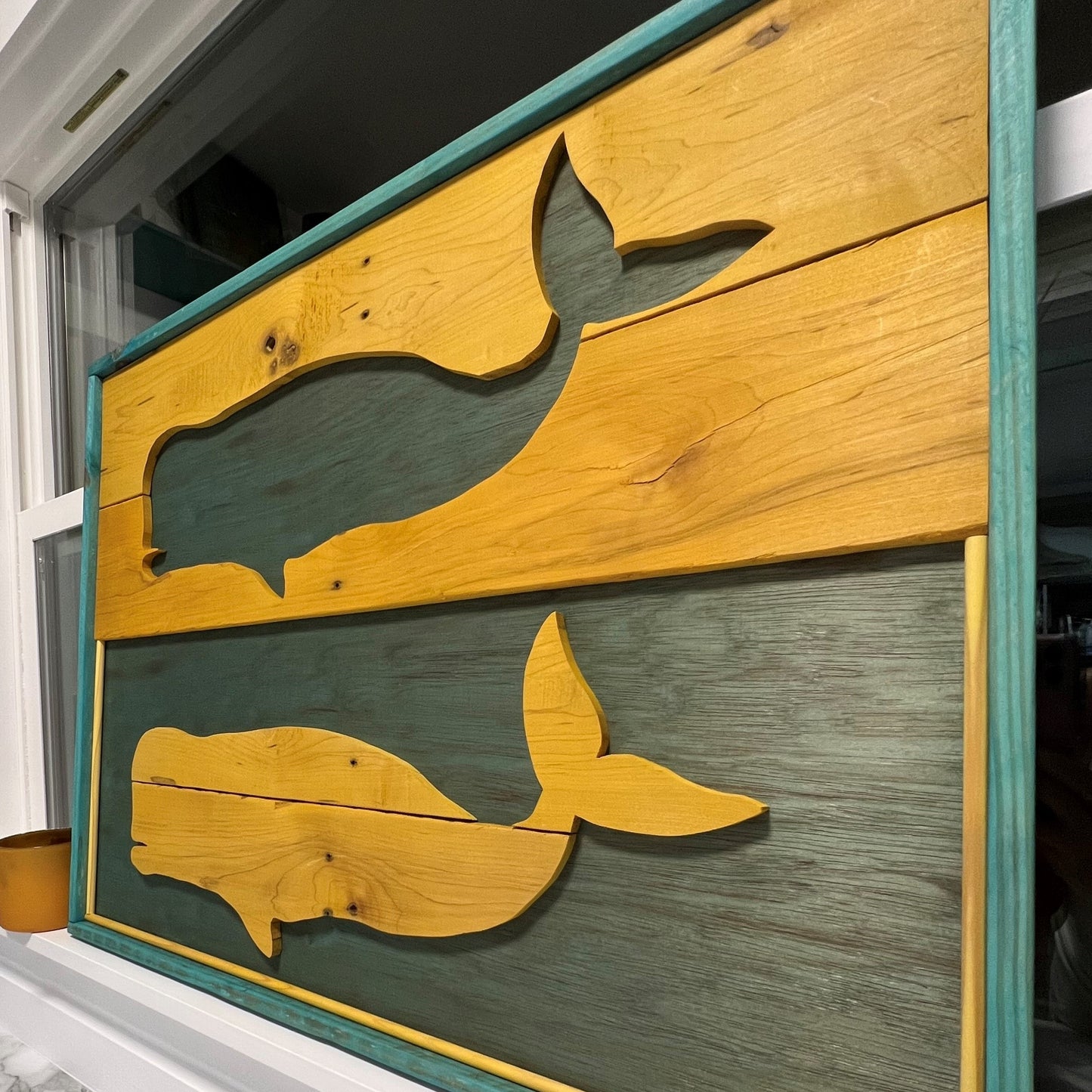 Pallet Whale Sign Yellow and Aqua:  22-11/16"H x 22-3/4"W