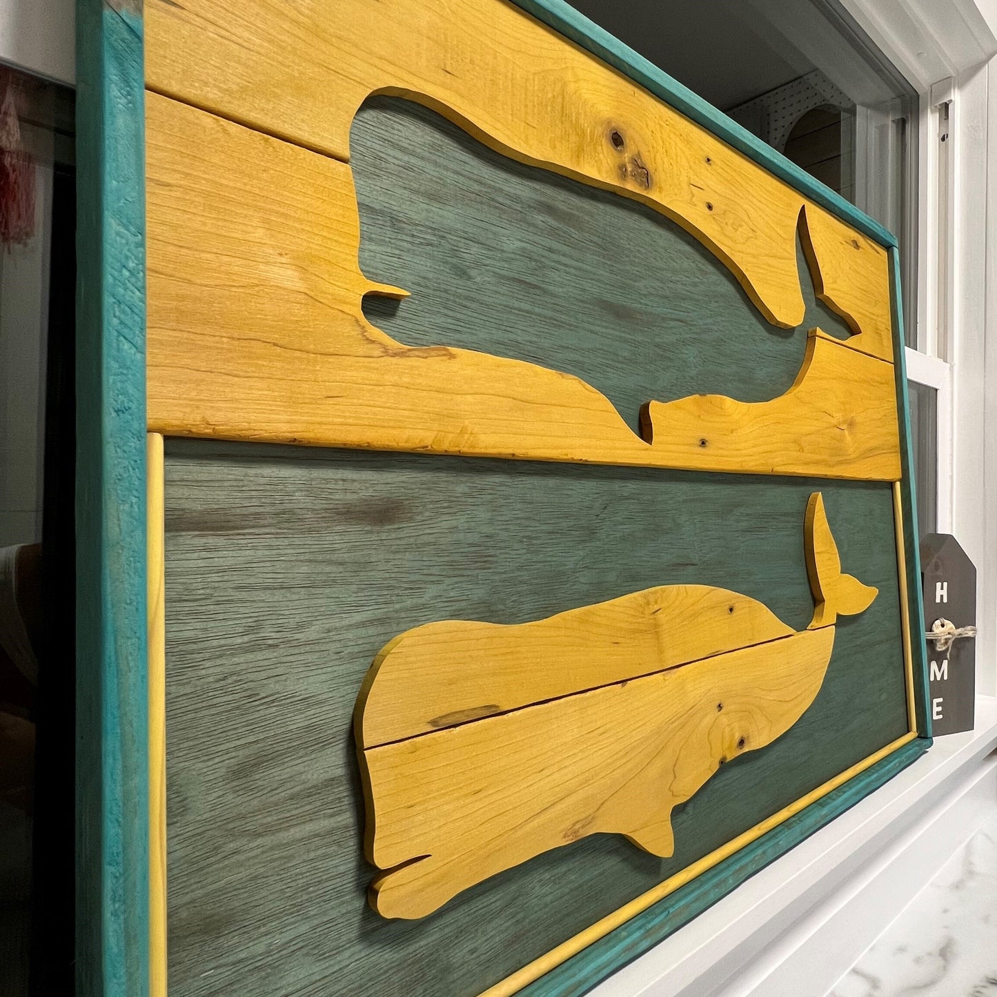 Pallet Whale Sign Yellow and Aqua:  22-11/16"H x 22-3/4"W