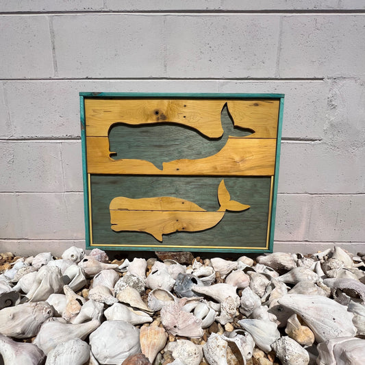 Pallet Whale Sign Yellow and Aqua:  22-11/16"H x 22-3/4"W